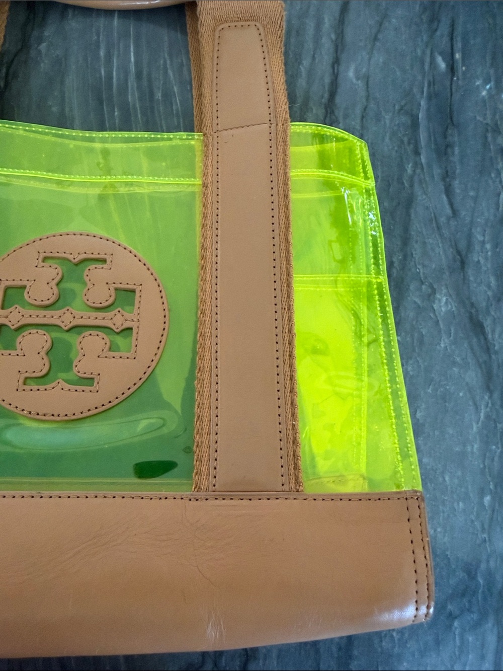 Tory Burch Neon Yellow Clear Tote with Tan Trim - Picture 4 of 11